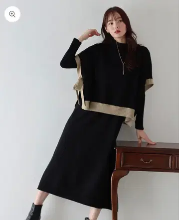 BLUEEAST 사이드 리본 케이프 니트 베스트 리브 니트 원피스 블랙