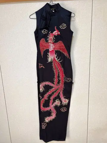 블랙 봉황 자수 차이나 드레스