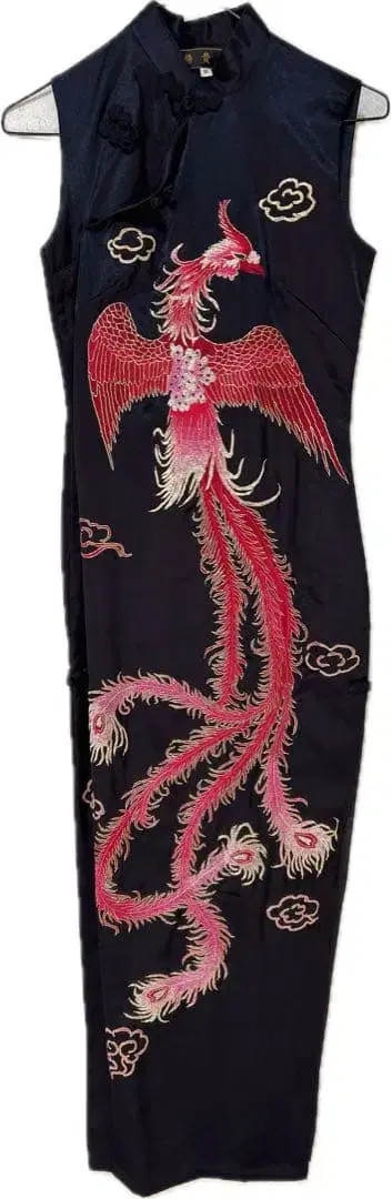 블랙 봉황 자수 차이나 드레스