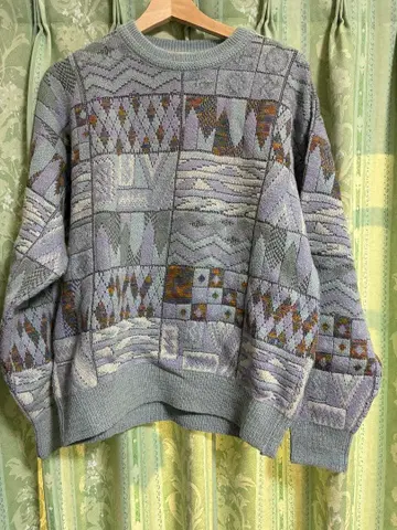이탈리아제 총 패턴 니트 스웨터 L 상당 짧은 기장 90s