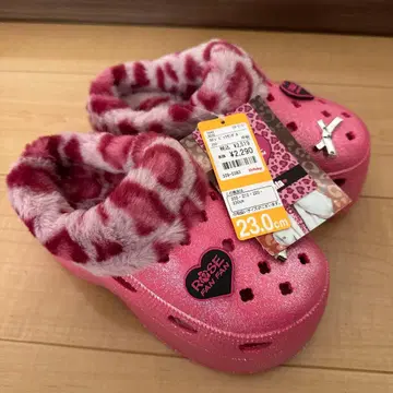 핑크 레오파드 무늬 퍼 샌들 23.0cm