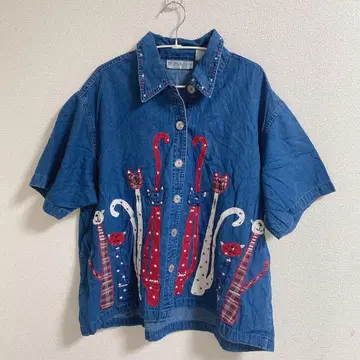 dressbarn 데님 셔츠 고양이 자수 귀여운 블루 멋쟁이