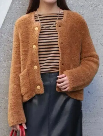 MACPHEE 무스탕 크루넥 가디건 브라운