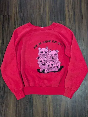 80s USA제 돼지 피그 애니멀 래글런 맨투맨 빨간색 아트 사이키