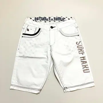 GOTCHA y2k 자수 데님 하프 팬츠 가죽 패치 화이트 L