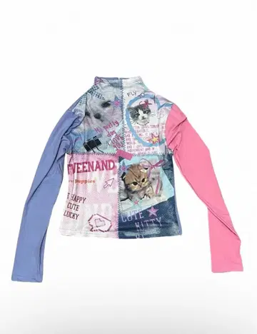 고양이 프린트 메쉬 긴팔 상의 / 파스텔 컬러