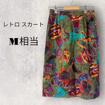 빈티지 스커트 [ M ] 레트로 항아리 올 패턴 일본제 컬러풀 안감 있음