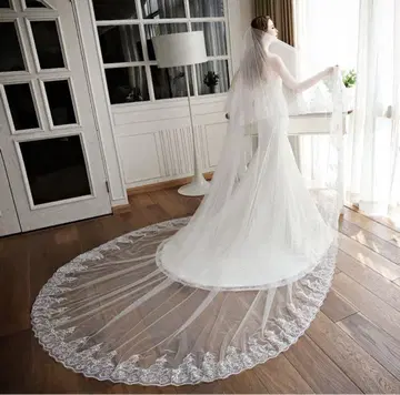 화이트 레이스 엣지 롱 웨딩 베일