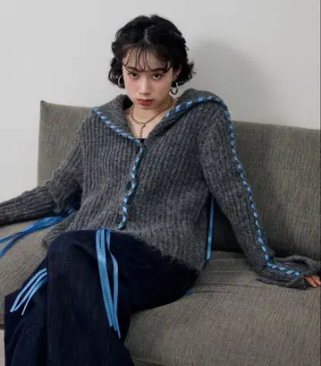 리본 세일러 카라 리브 니트 가디건 니트