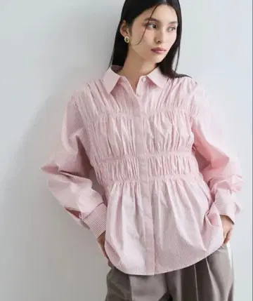 VIS 셔링 디자인 셔츠 핑크 스트라이프 셔츠