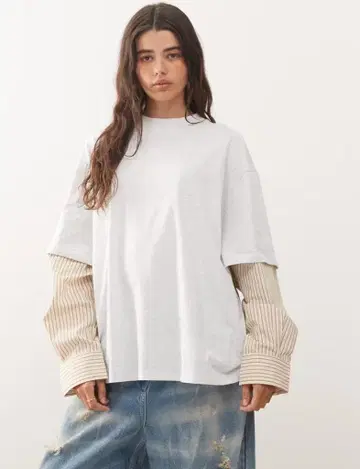 스트라이프 긴팔 이너 포함 오버 사이즈 T셔츠