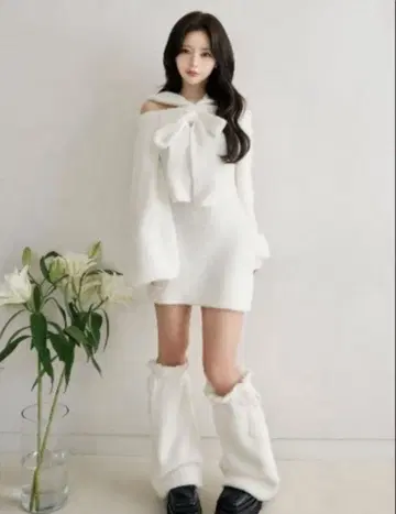 Darich 후디 오프숄더 니트 미니 원피스 Free