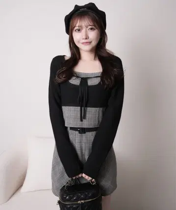 코르셋 체크 상의 이너 숏 팬츠 포함 체크 스커트 셋업