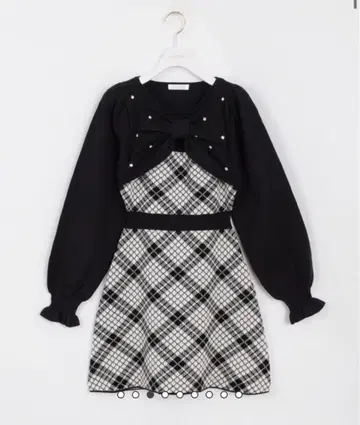 evelyn 원피스 긴팔 체크 리본 니트 프리 사이즈