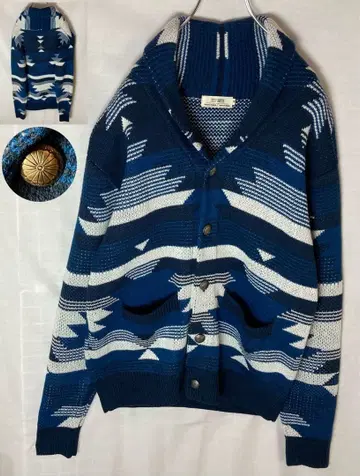 블루 그라데이션 올 패턴 네이티브 무늬 숄카라 자켓 콘초 버튼