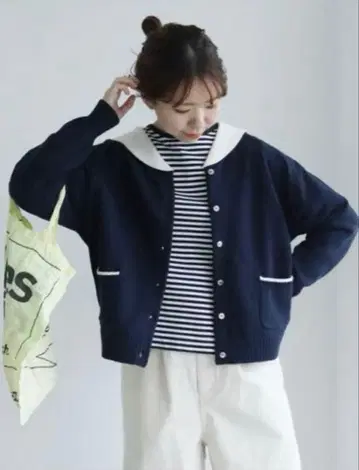 PARICI 코튼 나일론 중공사 배색 세일러 가디건 시착만 한 상품