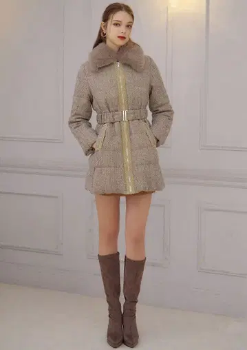 R짱 Riu 트위드 다운 코트 베이지 퍼 다운