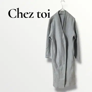 chez toi 노카라 롱 코트 블루 그레이 V넥