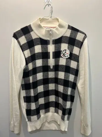 and per se M 체크 무늬 니트 스웨터 하프 지퍼