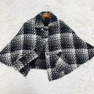 새상품급 트랜스워크 케이프 코트 울 가죽 그레이 체크 M 일본제