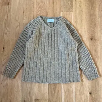 ESTNATION 니트 스웨터 리브 편직 베이지 V넥