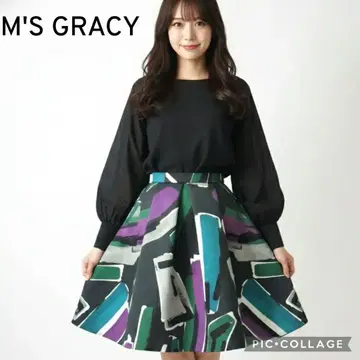 새상품급 M'S GRACY 턱 플레어 스커트 새틴 A라인 기하학 일본제