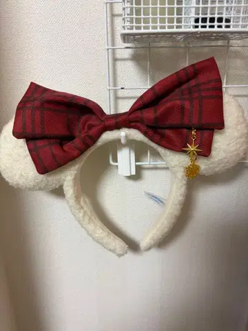 미키 귀 머리띠 빨간색 체크 무늬