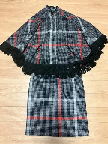 체크 무늬 프린지 케이프 스커트 셋업 빈티지