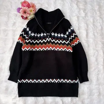 ONE WAY 노르딕 무늬 하프 지퍼 니트 블랙 니트 원피스 프리