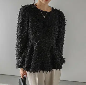 [ 새상품 ] AMELY 페플럼 트위드 프린지 상의 긴팔