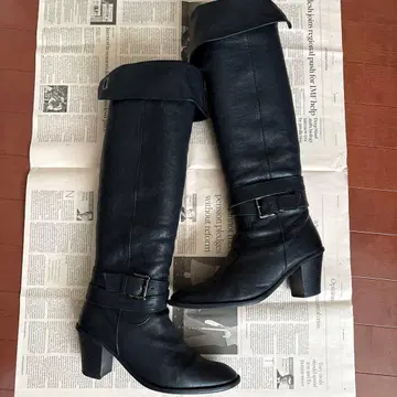 다이애나 블랙 가죽 니하이 부츠 접이식 디자인