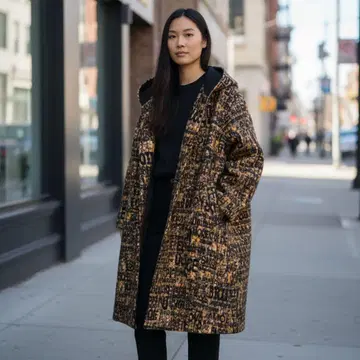 새상품급 Topys 토피즈 F 코트 후드 부착 올 패턴 오렌지 블랙 울