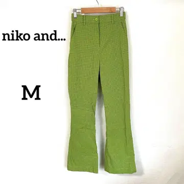 [니코앤드] 플레어 팬츠 M 옐로우 그린 깅엄 체크 오샤레 올 시즌