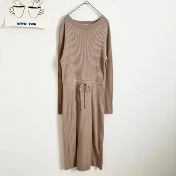 잇츠데모 리브 니트 원피스 허리 끈 포함 심플 성숙/러블리 롱 기장