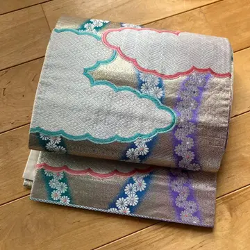 구름 무늬 꽃무늬 실버 후쿠로 오비