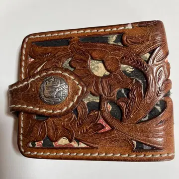 천연 가죽 꽃무늬 리프 일본풍 패턴 접이식 지갑 앤티크
