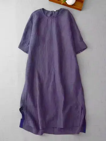 린넨 코튼 원피스 M 퍼플 내추럴 반팔 루즈핏