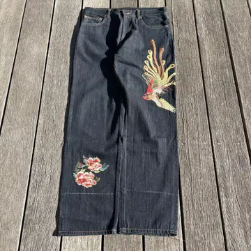 화려악단 자수 와이드 데님 다크 네이비