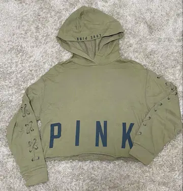 [ 새상품급 ] PINK 크롭 후드티 올리브