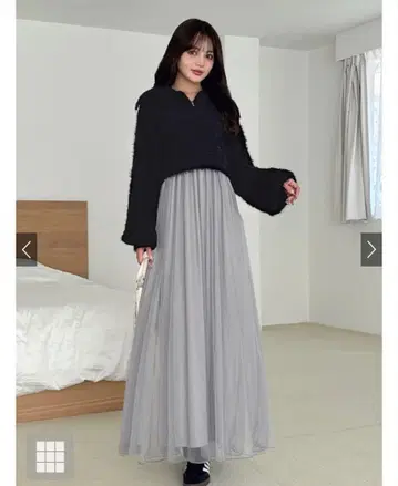 샤기 니트 지퍼 상의 x 튤 원피스 셋업