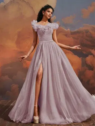 플라워 장식 보라색 롱 드레스