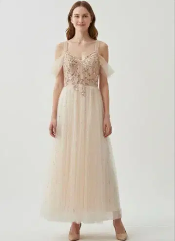 베이지 자수 튤 드레스