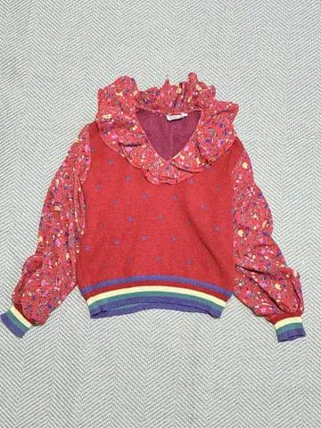 SAMUEL BLUE 니트 스웨터 꽃무늬 걸리시 레드 프릴