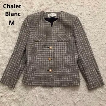 고급 Chalet Blanc 실크 울 혼방 트위드 노카라 자켓 펄 장식