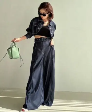 데님 라이크 벨트 와이드 팬츠