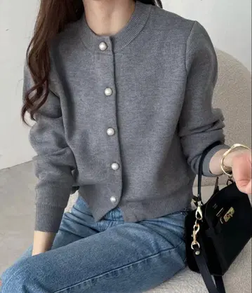 andme 펄 버튼 무지 보더 긴팔 니트 가디건 L 사이즈