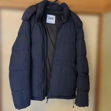 ZARA 다크 블루 후드 부착 다운 자켓 L