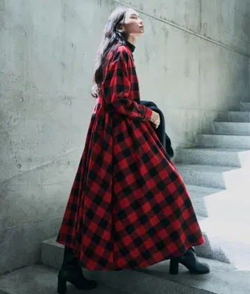 Libra CueF 밴드 카라 블록 체크 원피스 레드 x 블랙 가을/겨울