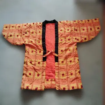 쇼와 레트로 오렌지와 블랙 꽃무늬 면 누빔 손바느질 반텐