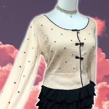 가격 인하 y2k 공주 갸루 발레코어 리본 도트 핑크 긴팔 가디건